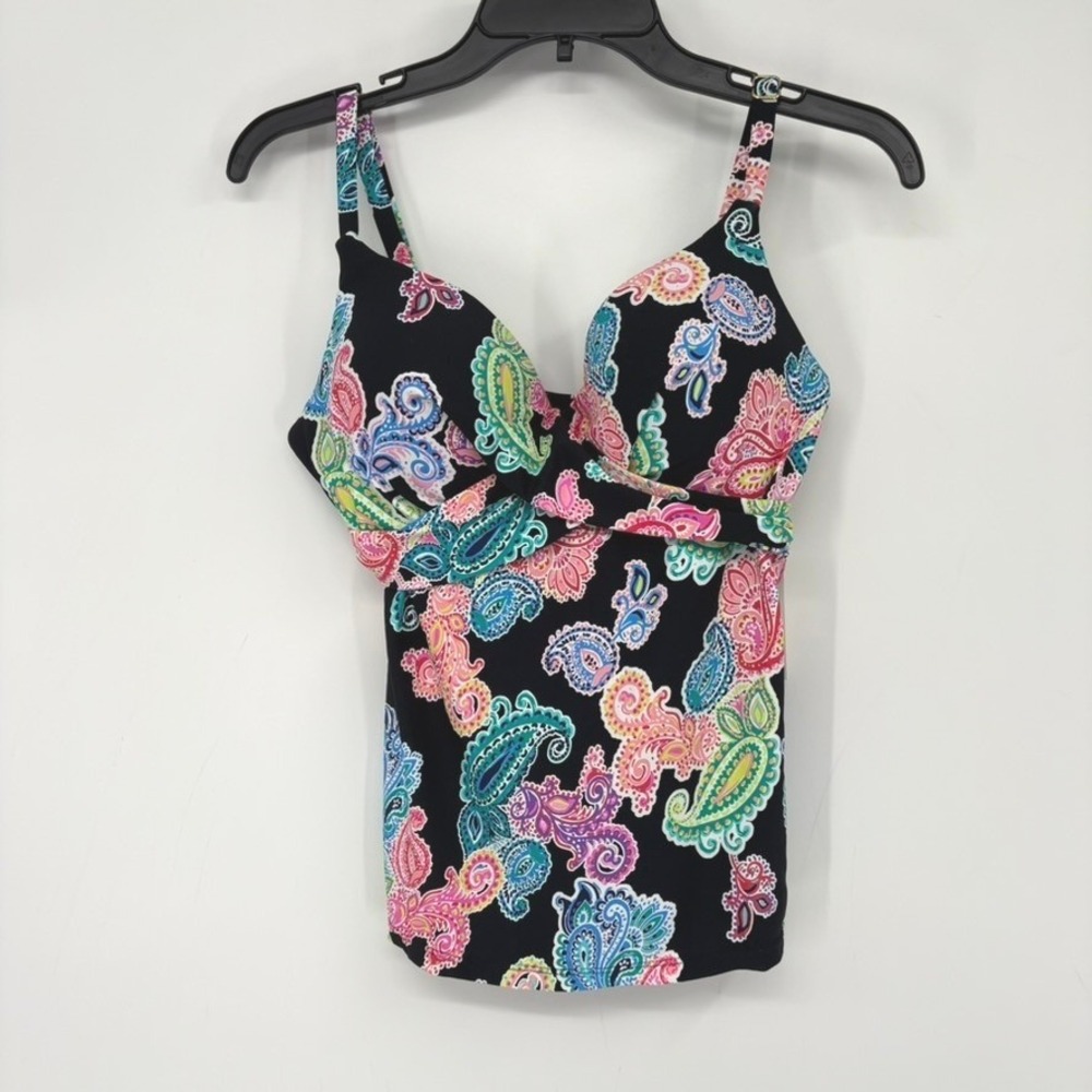 NWT‎ Leilani Tankini Top Womens 8 Black Paisley Underwire Push Up Swimwear